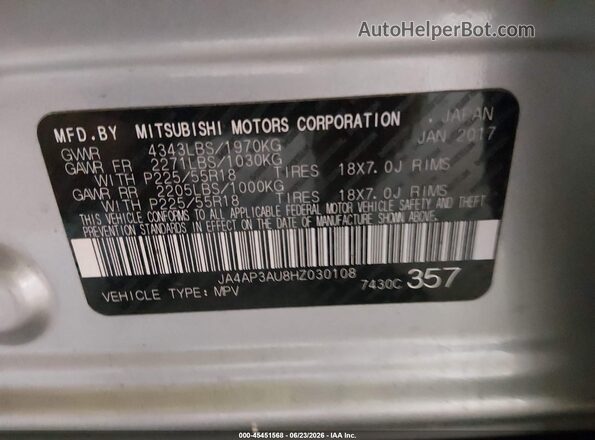 JA4AP3AU8HZ030108 2017 MITSUBISHI OUTLANDER SPORT Silver Вид підкапотного простору