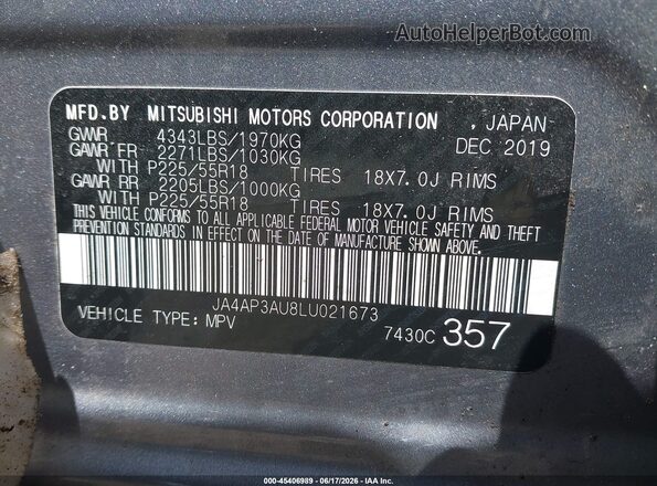 JA4AP3AU8LU021673 2020 MITSUBISHI OUTLANDER SPORT Gray Vista del compartimento del motor