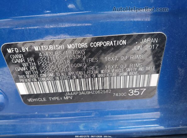 JA4AP3AU9HZ062582 2017 MITSUBISHI OUTLANDER SPORT Blue Вид підкапотного простору