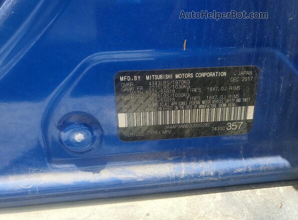 JA4AP3AW0JU000282 2018 MITSUBISHI OUTLANDER Blue Вид наклейки з VIN-кодом