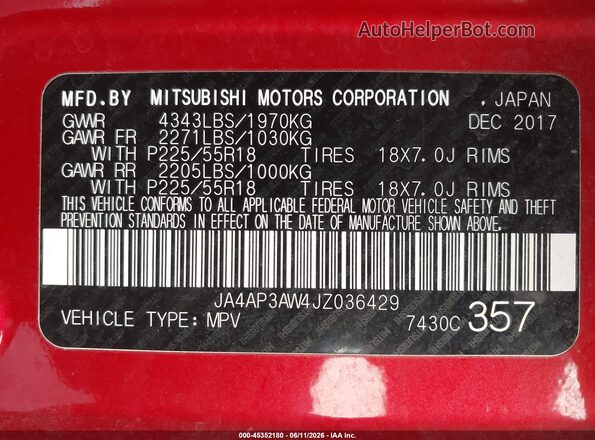 JA4AP3AW4JZ036429 2018 MITSUBISHI OUTLANDER SPORT Red Widok komory silnika