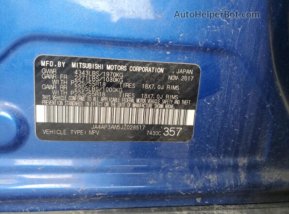 JA4AP3AW5JZ028517 2018 MITSUBISHI OUTLANDER Синий Вид наклейки с VIN-кодом