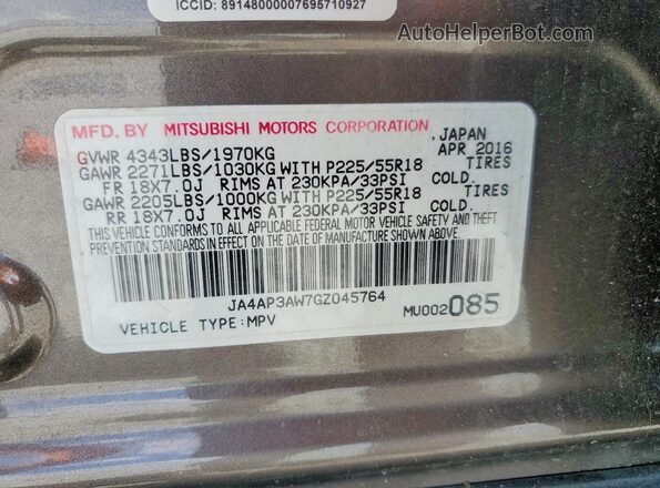 JA4AP3AW7GZ045764 2016 MITSUBISHI OUTLANDER Gray Vista de la etiqueta del VIN