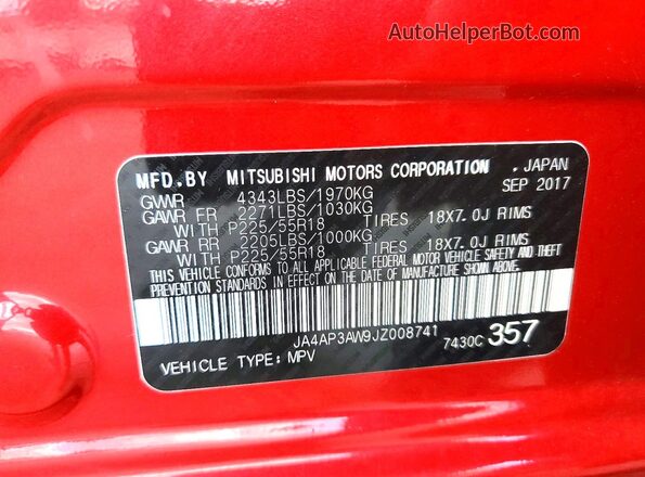JA4AP3AW9JZ008741 2018 MITSUBISHI OUTLANDER Red VIN კოდის სტიკერის ხედი