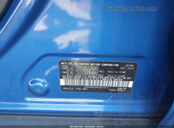 JA4AP4AU2KU021012 2019 MITSUBISHI OUTLANDER SPORT Синий Вид подкапотного пространства