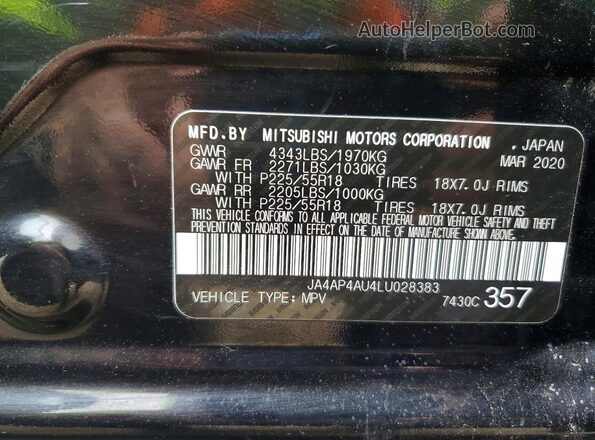 JA4AP4AU4LU028383 2020 MITSUBISHI OUTLANDER Black VIN կոդի պիտակի տեսք