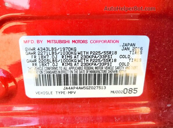 JA4AP4AW5GZ027513 2016 MITSUBISHI OUTLANDER Maroon 