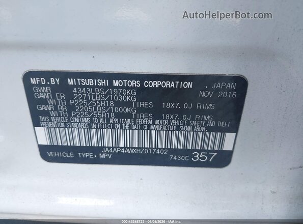 JA4AP4AWXHZ017402 2017 MITSUBISHI OUTLANDER SPORT White 