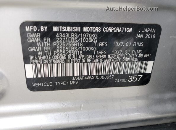 JA4AP4AWXJU000957 2018 MITSUBISHI OUTLANDER Silver 