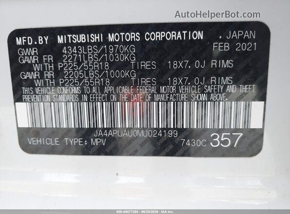 JA4APUAU0MU024199 2021 MITSUBISHI OUTLANDER SPORT Белый Вид подкапотного пространства
