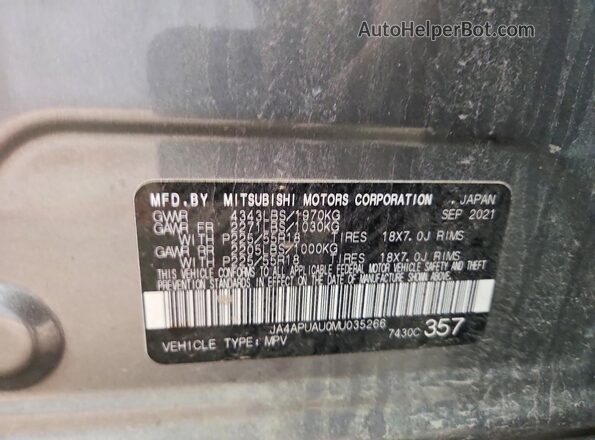 JA4APUAU0MU035266 2021 MITSUBISHI OUTLANDER Gray Widok naklejki z numerem VIN