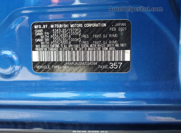 JA4APUAU2MU024284 2021 MITSUBISHI OUTLANDER SPORT Синий Вид подкапотного пространства