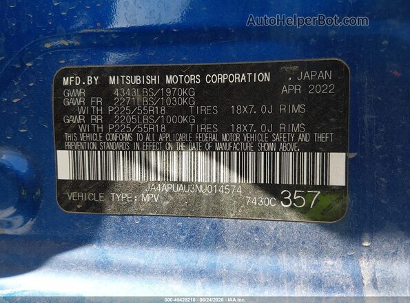 JA4APUAU3NU014574 2022 MITSUBISHI OUTLANDER SPORT Blue Engine compartment view