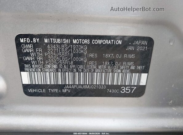 JA4APUAU6MU021033 2021 MITSUBISHI OUTLANDER SPORT Silver 