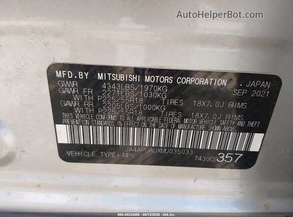 JA4APUAUXMU035033 2021 MITSUBISHI OUTLANDER SPORT Silver Vista del compartimento del motor