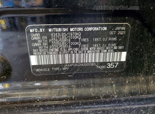 JA4APVAU2NU000381 2022 MITSUBISHI OUTLANDER Black Вид наклейки з VIN-кодом