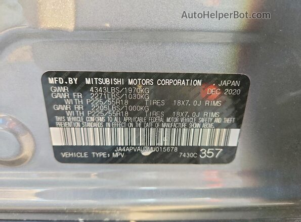 JA4APVAU3MU015678 2021 MITSUBISHI OUTLANDER Черный Вид наклейки с VIN-кодом