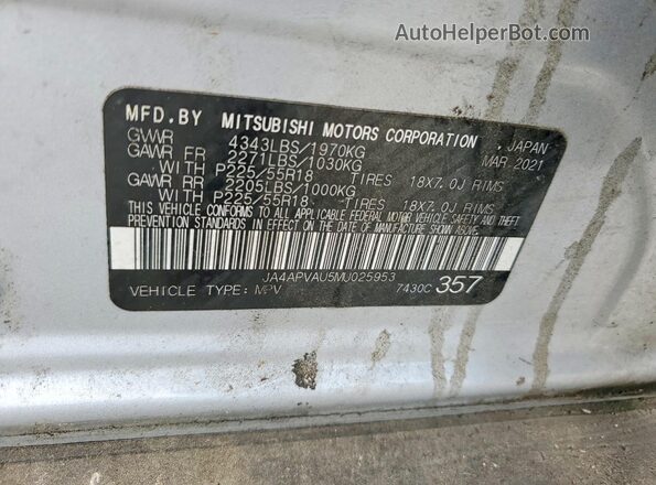 JA4APVAU5MU025953 2021 MITSUBISHI OUTLANDER Silver VIN կոդի պիտակի տեսք