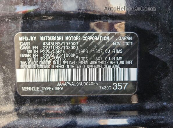 JA4APVAU9NU004055 2022 MITSUBISHI OUTLANDER Черный Панорамный вид салона 360°