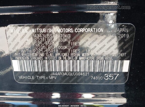 JA4AR3AU0LU004621 2020 MITSUBISHI OUTLANDER SPORT Black Widok naklejki z numerem VIN
