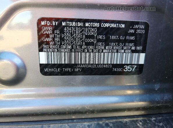 JA4AR3AU2LU024823 2020 MITSUBISHI OUTLANDER Серебряный Вид наклейки с VIN-кодом