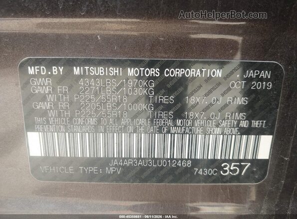 JA4AR3AU3LU012468 2020 MITSUBISHI OUTLANDER SPORT Brown 