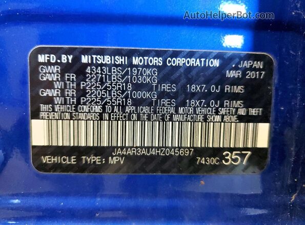 JA4AR3AU4HZ045697 2017 MITSUBISHI OUTLANDER Синий 