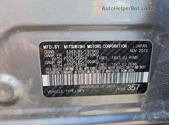 JA4AR3AU4LU013869 2020 MITSUBISHI OUTLANDER Silver Вид наклейки з VIN-кодом