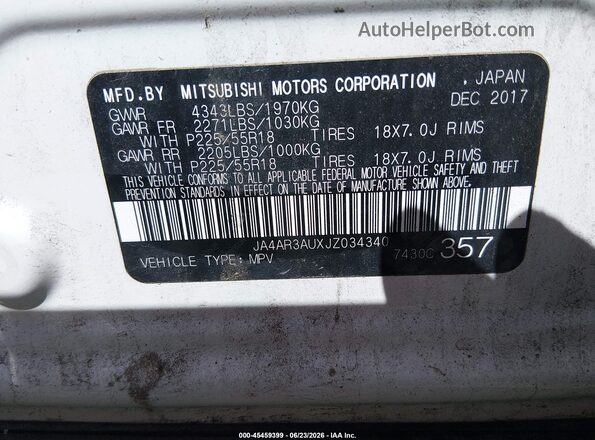 JA4AR3AUXJZ034340 2018 MITSUBISHI OUTLANDER SPORT White Vista del compartimento del motor