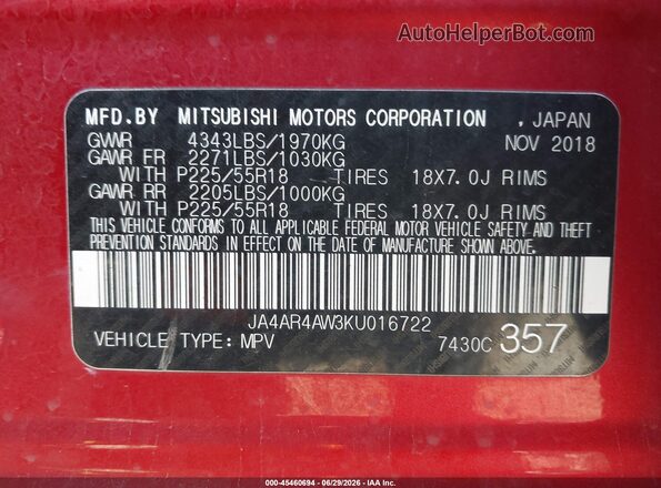 JA4AR4AW3KU016722 2019 MITSUBISHI OUTLANDER SPORT Red Вид підкапотного простору