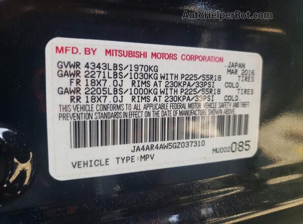 JA4AR4AW5GZ037310 2016 MITSUBISHI OUTLANDER Black 