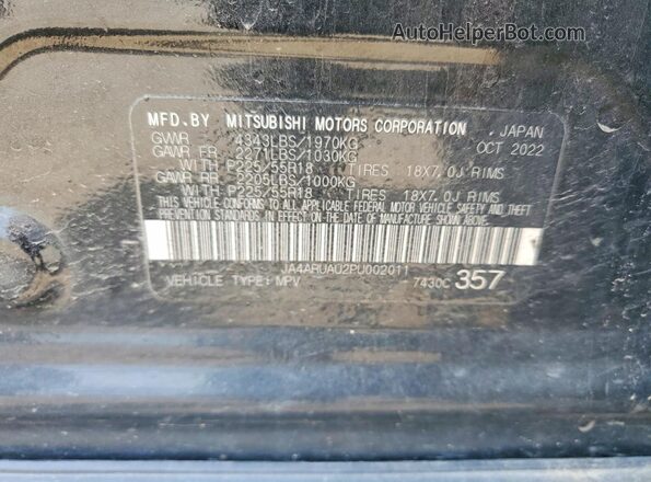 JA4ARUAU2PU002011 2023 MITSUBISHI OUTLANDER Black VIN კოდის სტიკერის ხედი