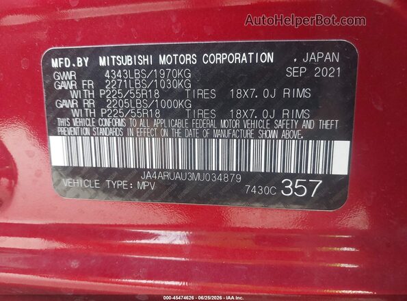 JA4ARUAU3MU034879 2021 MITSUBISHI OUTLANDER SPORT Red Widok komory silnika
