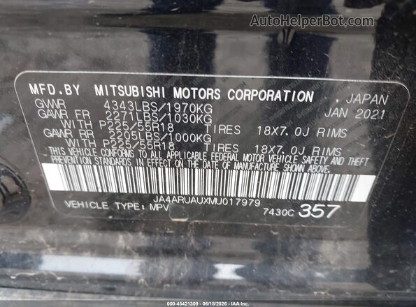 JA4ARUAUXMU017979 2021 MITSUBISHI OUTLANDER SPORT Black Շարժիչի բաժամունքի տեսք