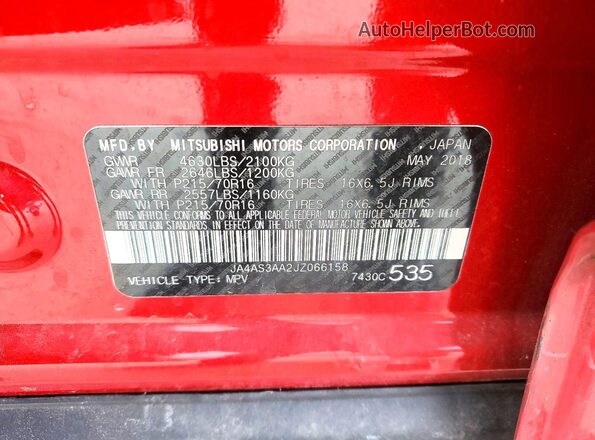 JA4AS3AA2JZ066158 2018 MITSUBISHI ECLIPSE Red VIN კოდის სტიკერის ხედი