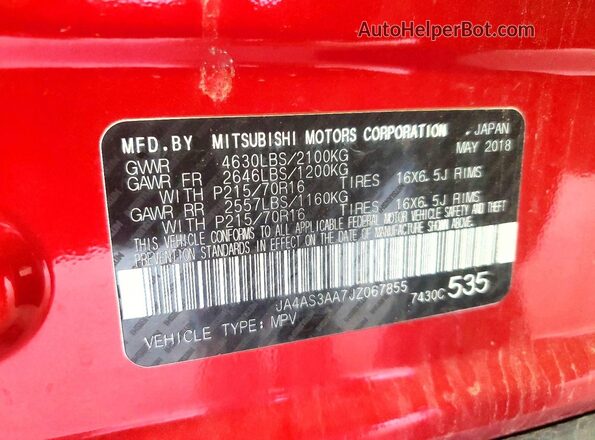 JA4AS3AA7JZ067855 2018 MITSUBISHI ECLIPSE Red Вид наклейки з VIN-кодом