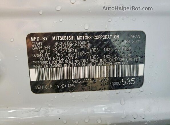 JA4ASUAA1NZ014032 2022 MITSUBISHI ECLIPSE White VIN sticker view