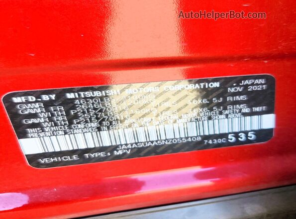 JA4ASUAA5NZ055408 2022 MITSUBISHI ECLIPSE Red Вид наклейки з VIN-кодом