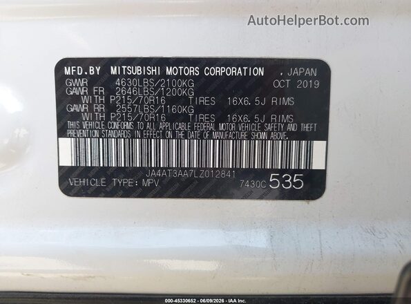 JA4AT3AA7LZ012841 2020 MITSUBISHI ECLIPSE CROSS White Շարժիչի բաժամունքի տեսք
