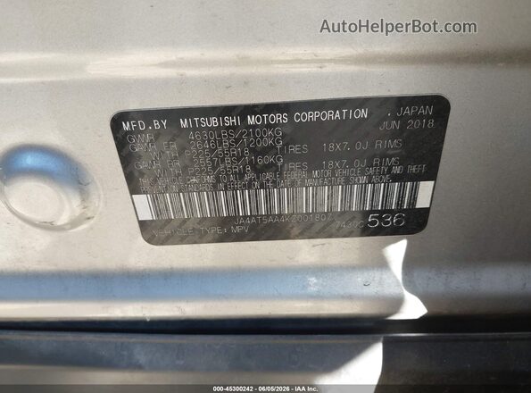 JA4AT5AA4KZ001807 2019 MITSUBISHI ECLIPSE CROSS Silver Vista del compartimento del motor