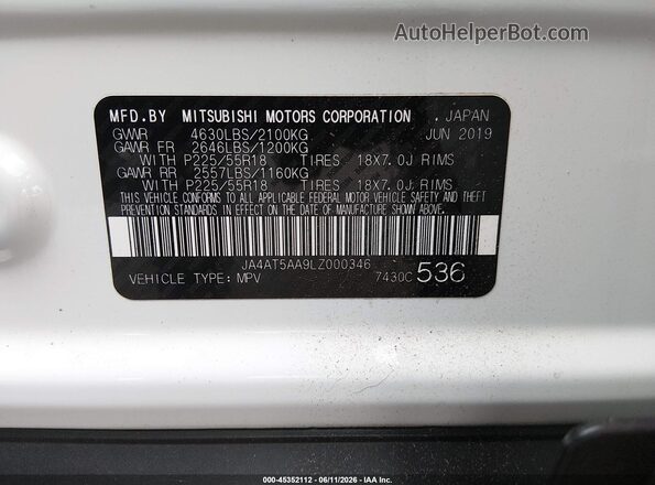 JA4AT5AA9LZ000346 2020 MITSUBISHI ECLIPSE CROSS White Engine compartment view