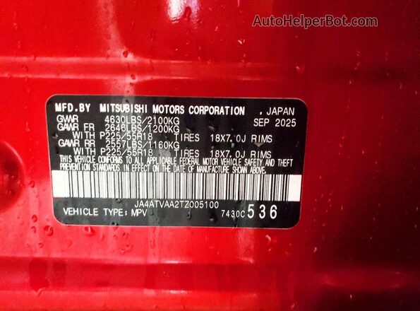 JA4ATVAA2TZ005100 2026 MITSUBISHI ECLIPSE Red Widok naklejki z numerem VIN
