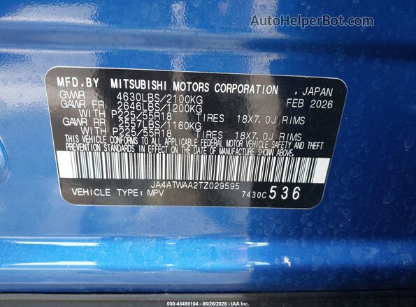 JA4ATWAA2TZ029595 2026 MITSUBISHI ECLIPSE CROSS Blue Շարժիչի բաժամունքի տեսք