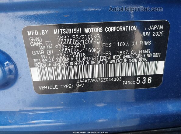 JA4ATWAA7SZ044303 2025 MITSUBISHI ECLIPSE CROSS Blue 