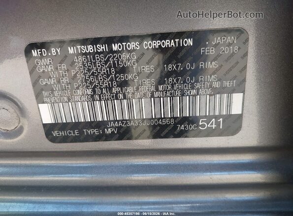 JA4AZ3A33JJ004568 2018 MITSUBISHI OUTLANDER Gray ძრავის განყოფილების ხედი
