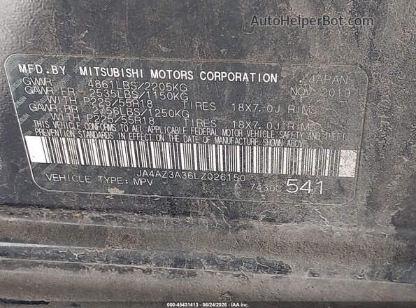 JA4AZ3A36LZ026150 2020 MITSUBISHI OUTLANDER Black ძრავის განყოფილების ხედი