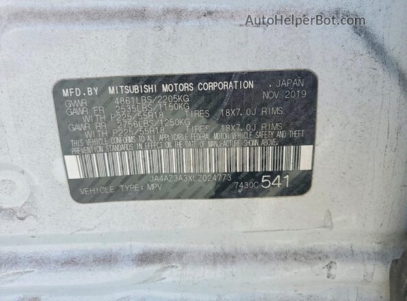 JA4AZ3A3XLZ024773 2020 MITSUBISHI OUTLANDER White VIN sticker view