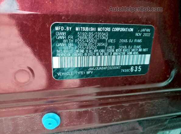 JA4J3UA84PZ020047 2023 MITSUBISHI OUTLANDER Red Widok naklejki z numerem VIN