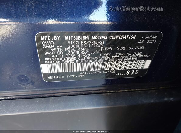 JA4J3VA87RZ007706 2024 MITSUBISHI OUTLANDER Blue Vista del compartimento del motor