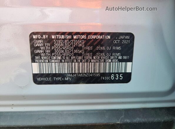JA4J4TA82NZ041595 2022 MITSUBISHI OUTLANDER White Vista de la etiqueta del VIN